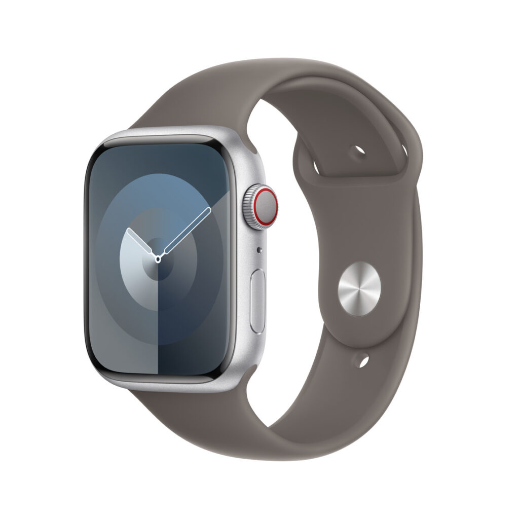 A smart watch with a grey band Description automatically generated