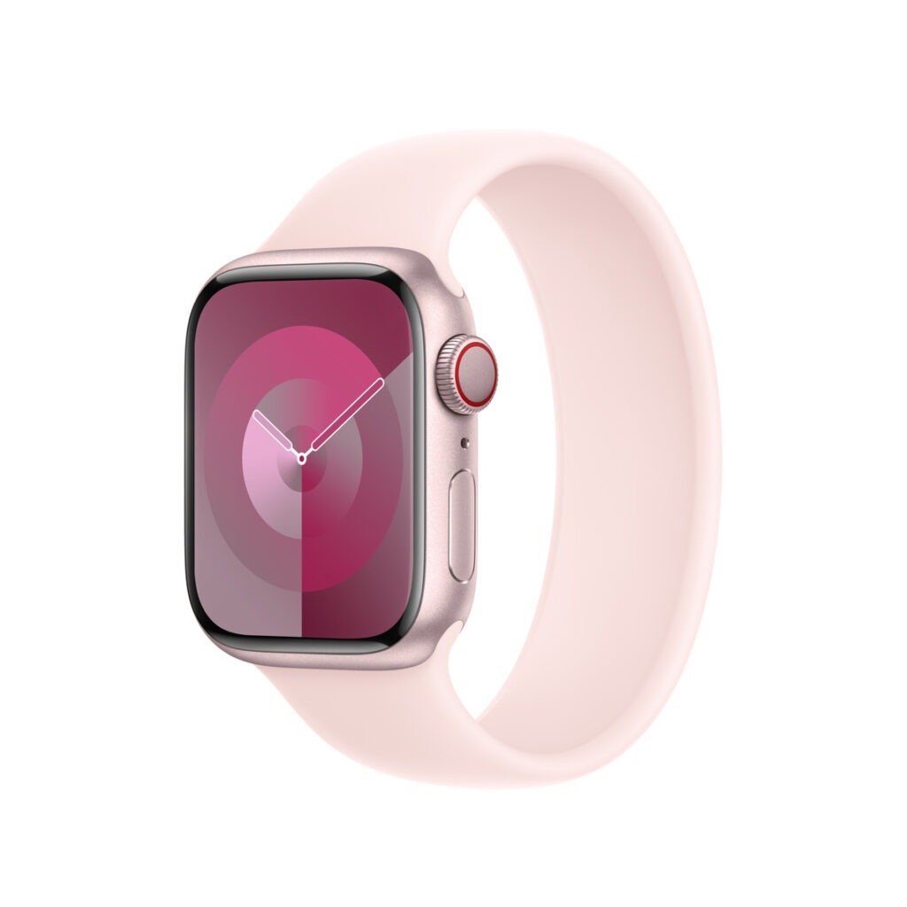 A smart watch with a pink band Description automatically generated
